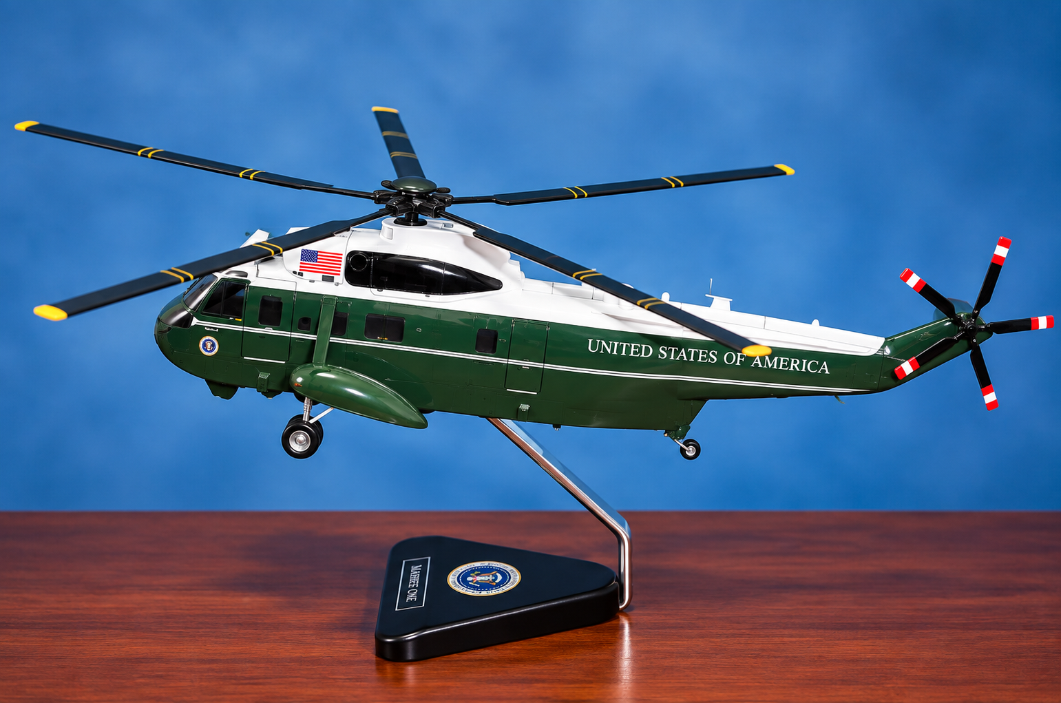 Marine One presidential helicopter model on a dark studio background