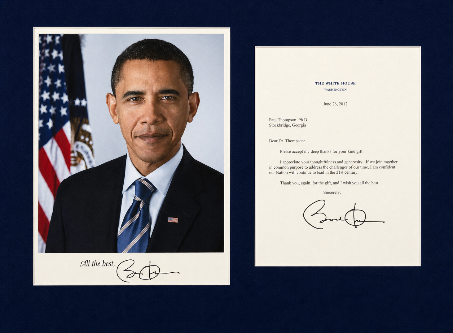 Framed display with a photograph of President Barack Obama and a White House letter of thanks addressed to Paul Thompson